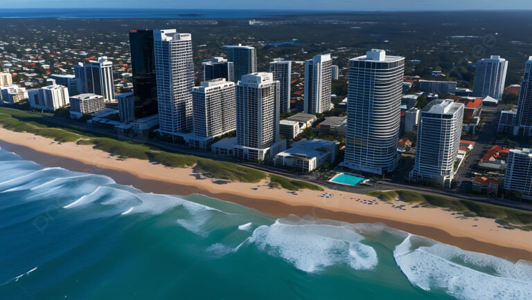 Aerial View of Coastal City with Modern High-Rise Buildings and Beach